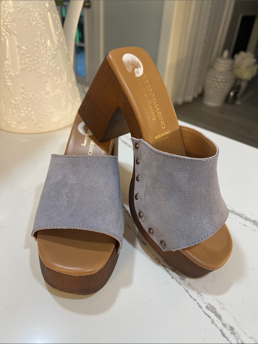 Verderosmarino Made in Italy Gray Suede Platform Mule with Stud Trim size 7.5